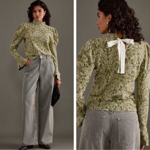 Anthropologie Olive Green Floral Tie-Back High-Neck Blouse